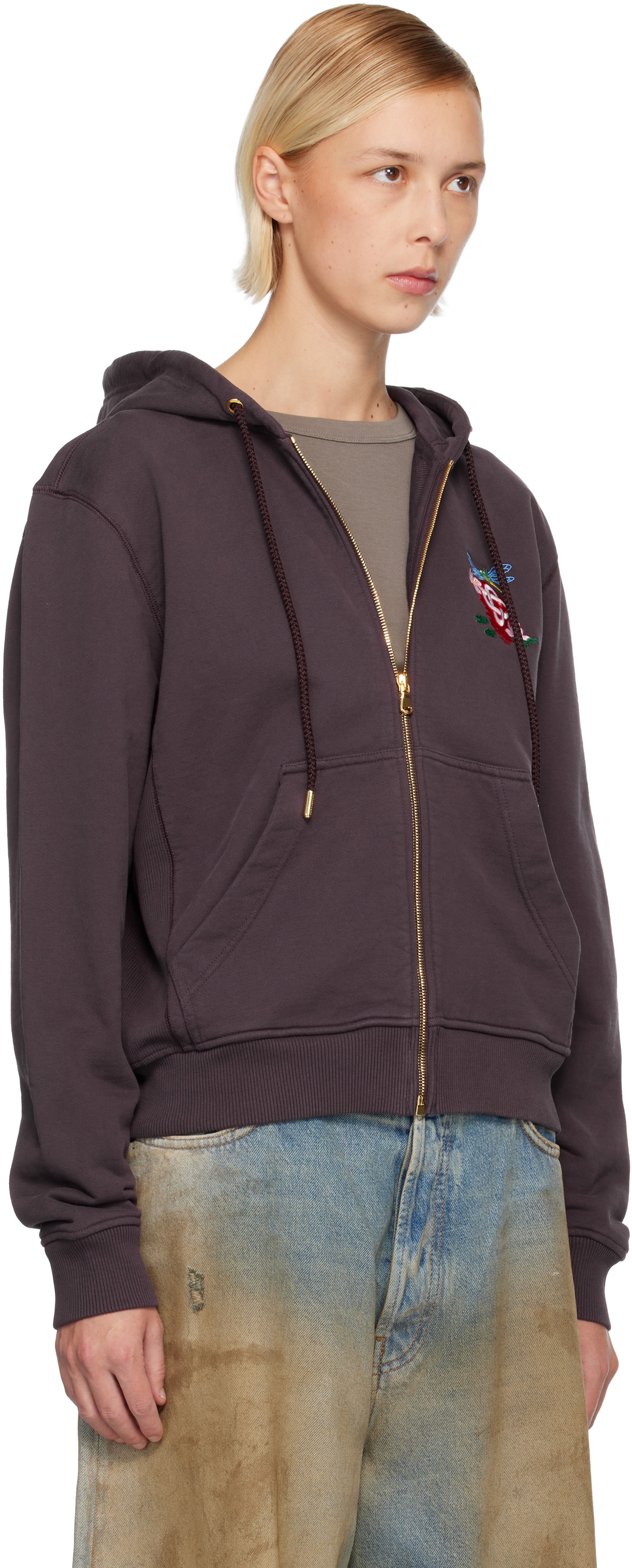 Casablanca Purple Dragonfly Floral Embroidered Full Zip Hoodie