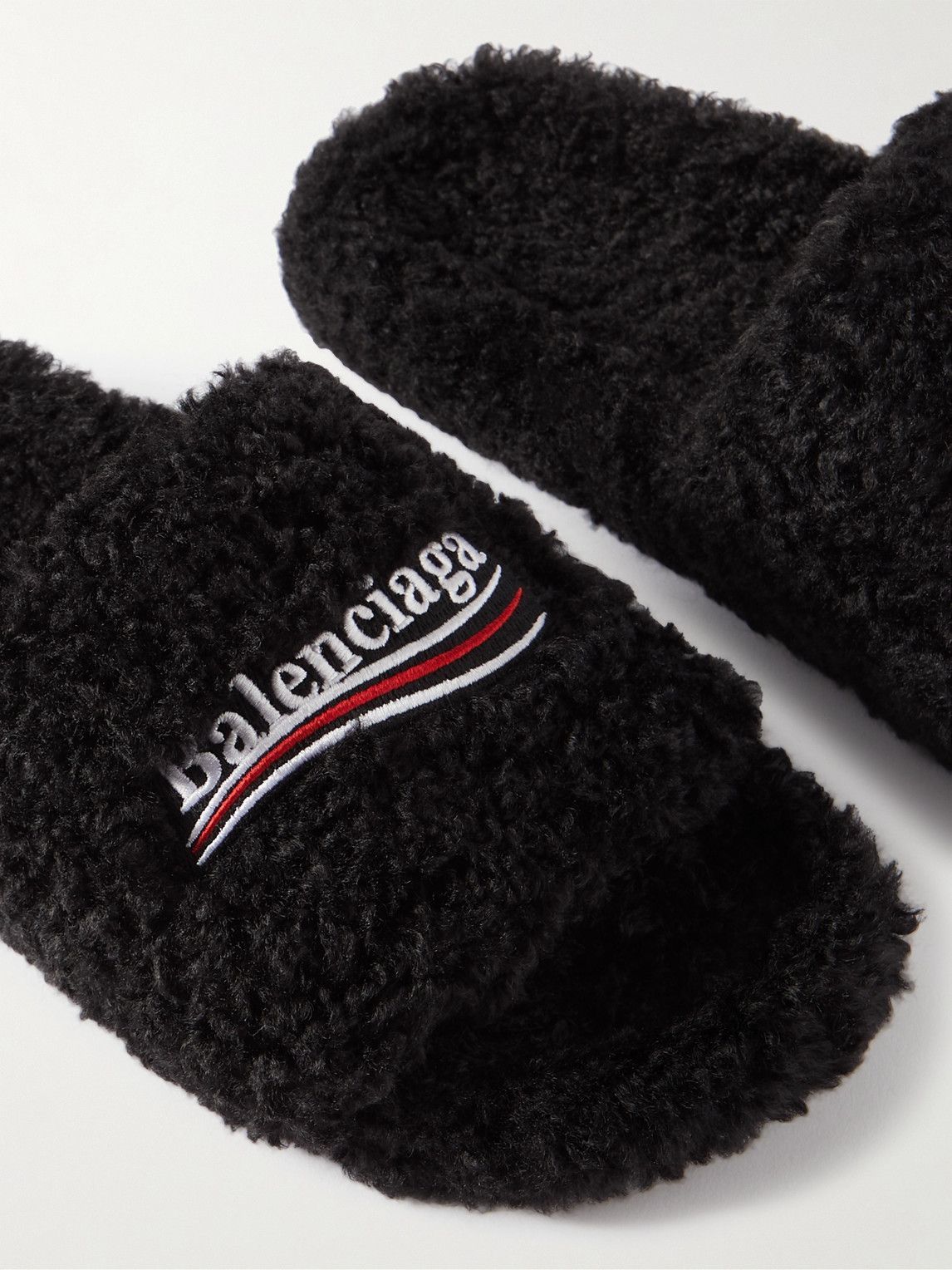 Balenciaga - Logo-Embroidered Faux Shearling Slides - Black  display picture 2