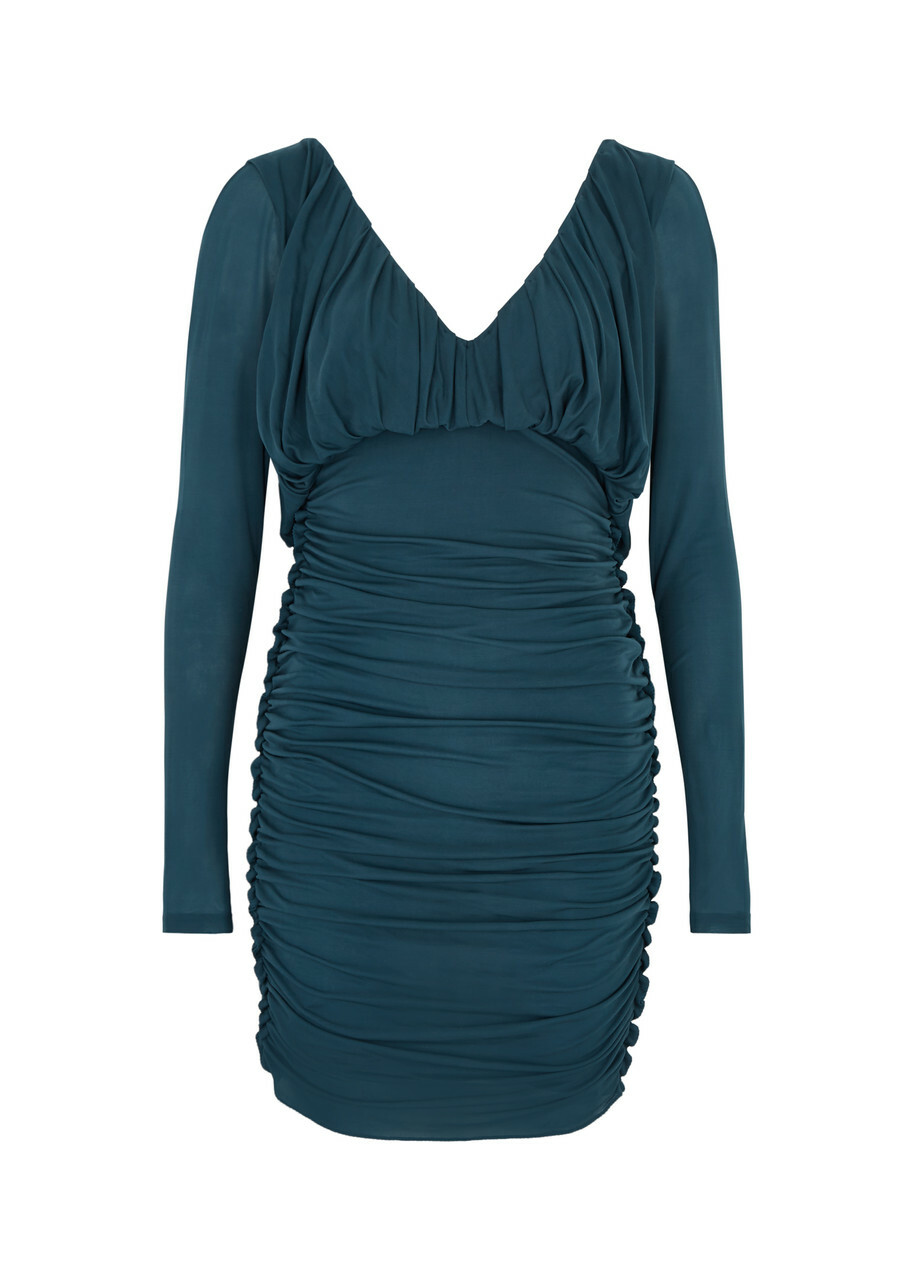 Saint Laurent Women's Teal Draped Slim-Fitting Jersey Mini Dress Saint  Laurent