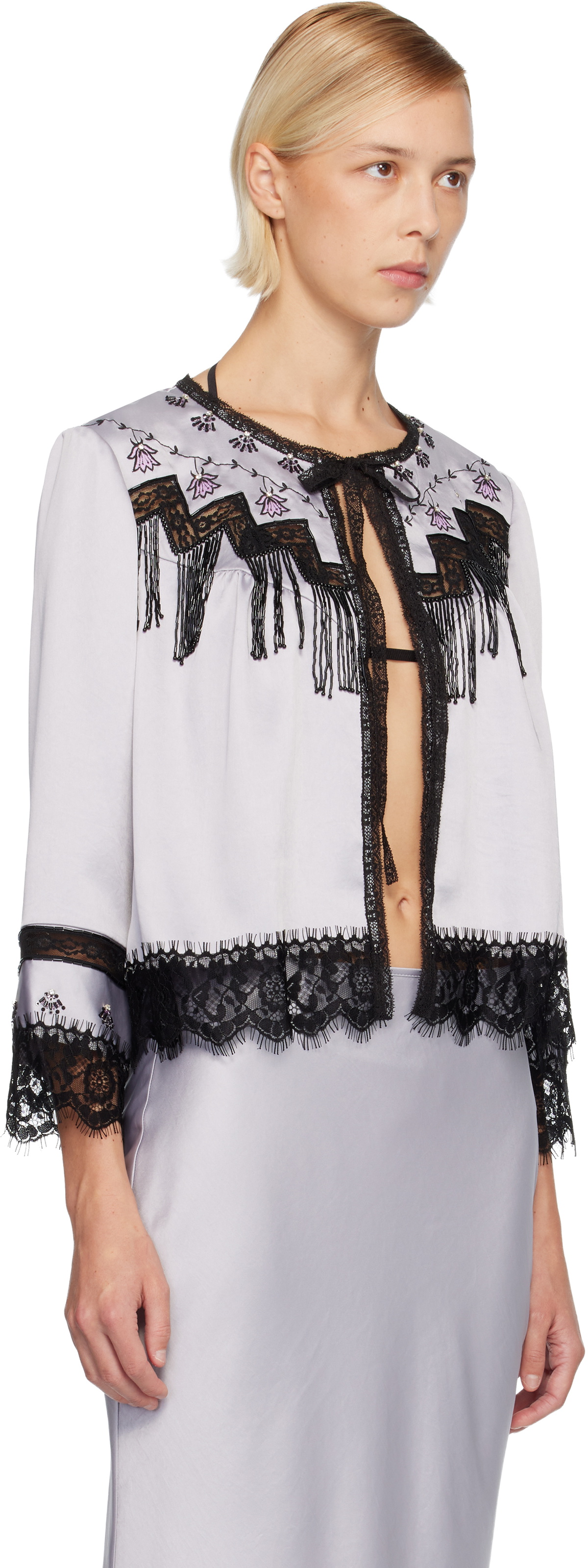 Anna Sui Silver Boudoir Satin Beaded Fringe Bed Cardigan