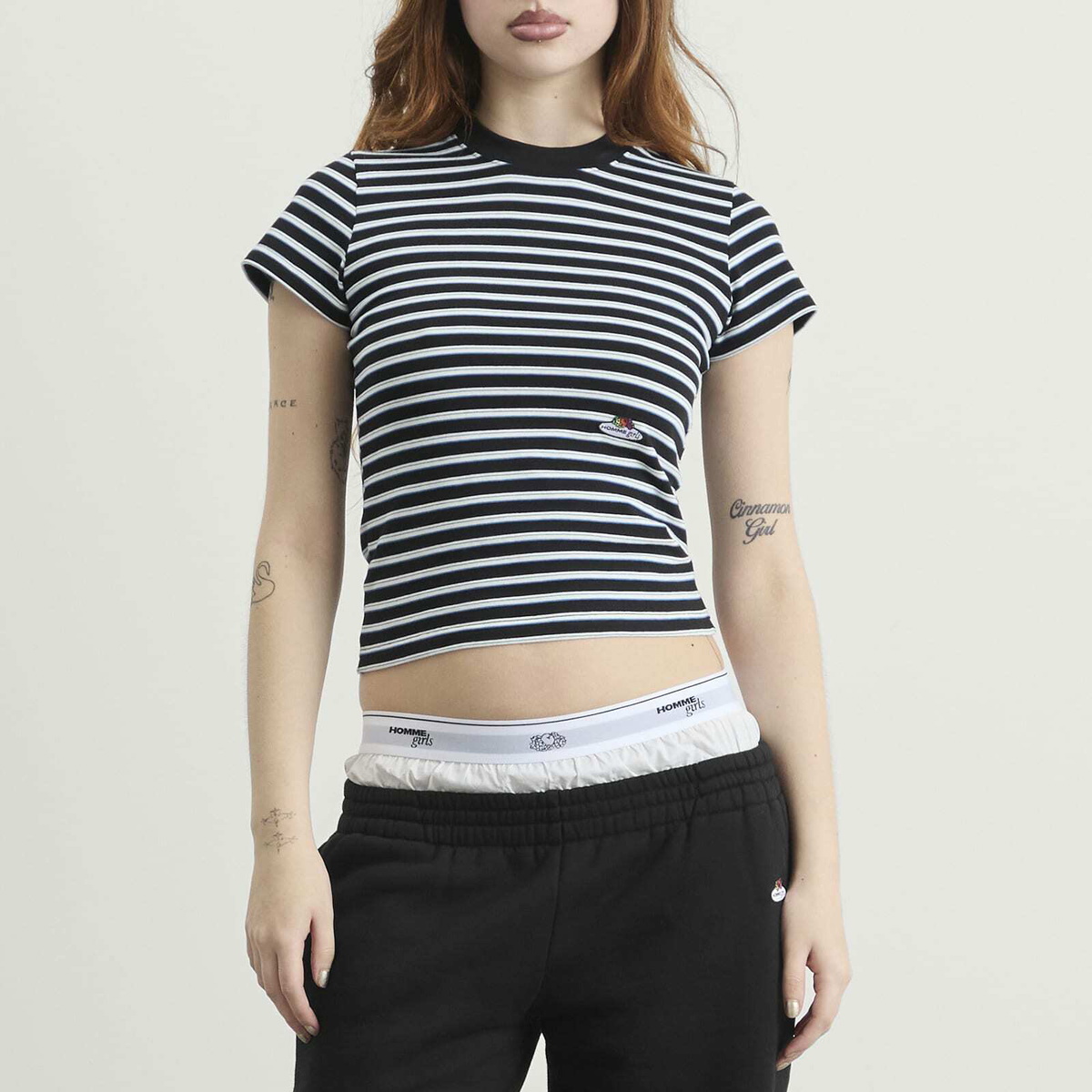 Hommegirls Women's x Fruit of the Loom Striped Baby T-Shirt in Baby Blue