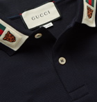 Gucci - Appliquéd Webbing-Trimmed Cotton-Piqué Polo Shirt - Men - Navy