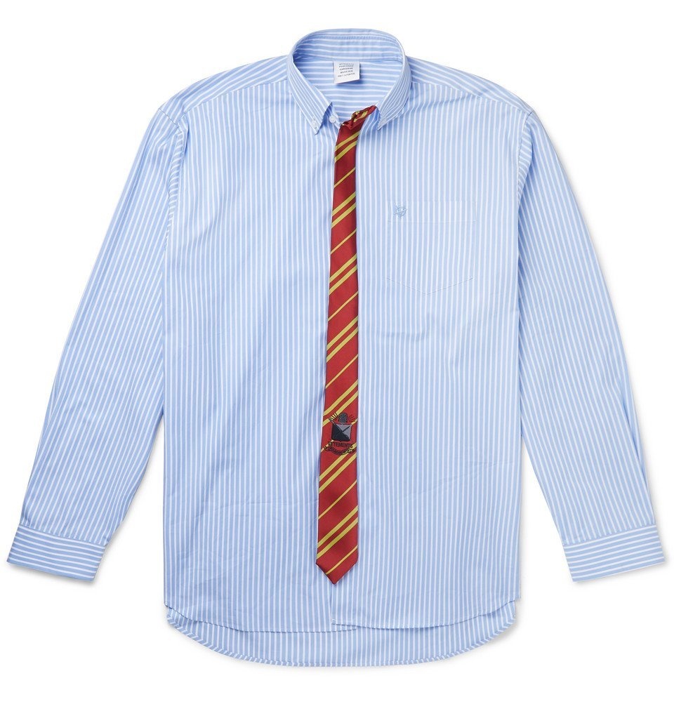 Photo: Vetements - Oversized Tie-Trimmed Striped Cotton Shirt - Blue