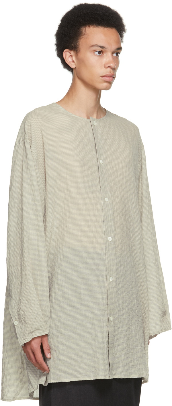 Hed Mayner Taupe & Blue Check Collarless Shirt Hed Mayner