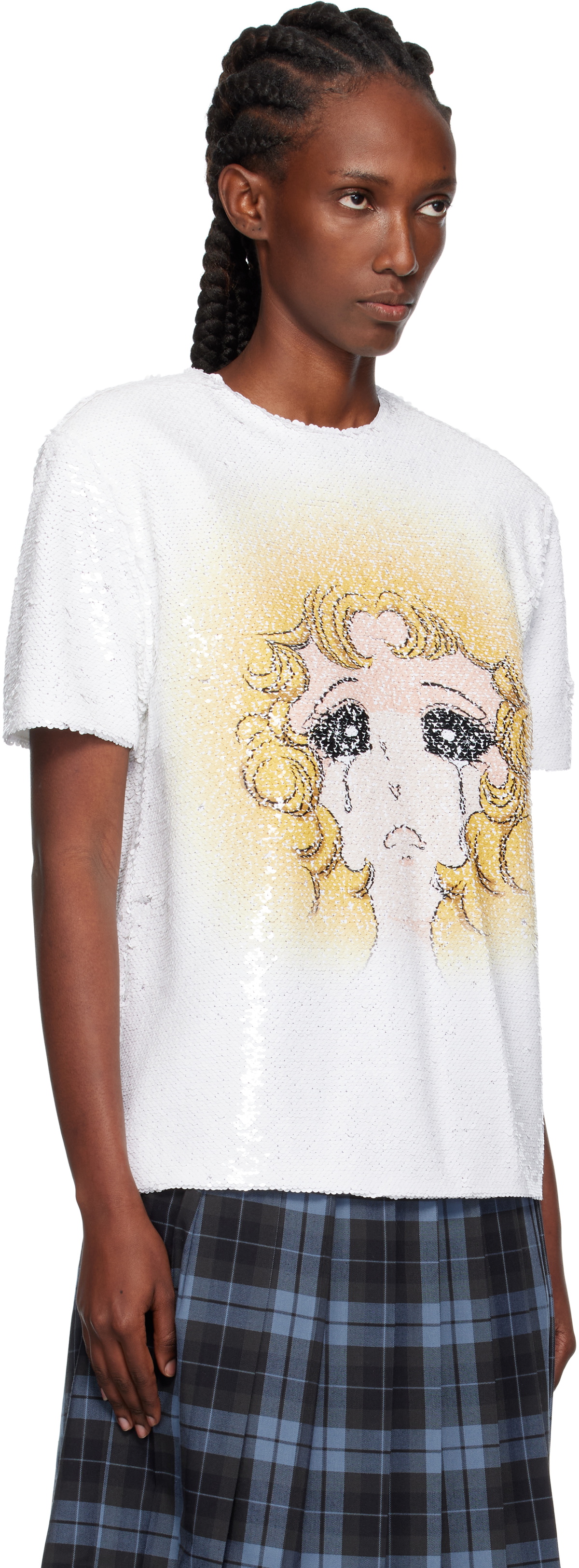 Pushbutton White Crying Girl Sequin T-shirt