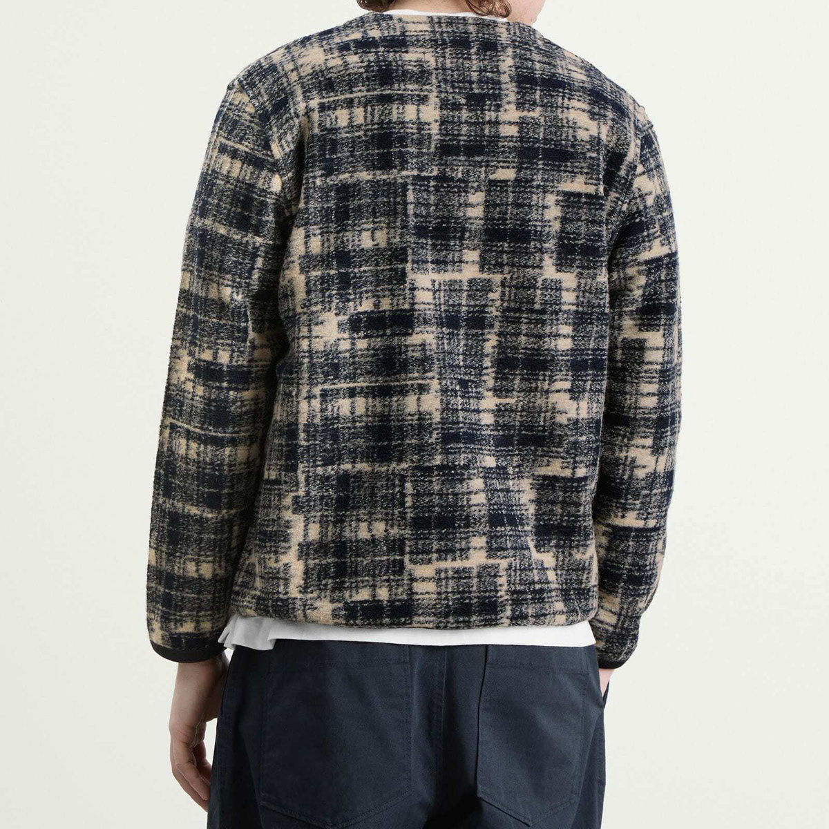 Universal Works Men's Patch Check Fleece Cardigan in Navy