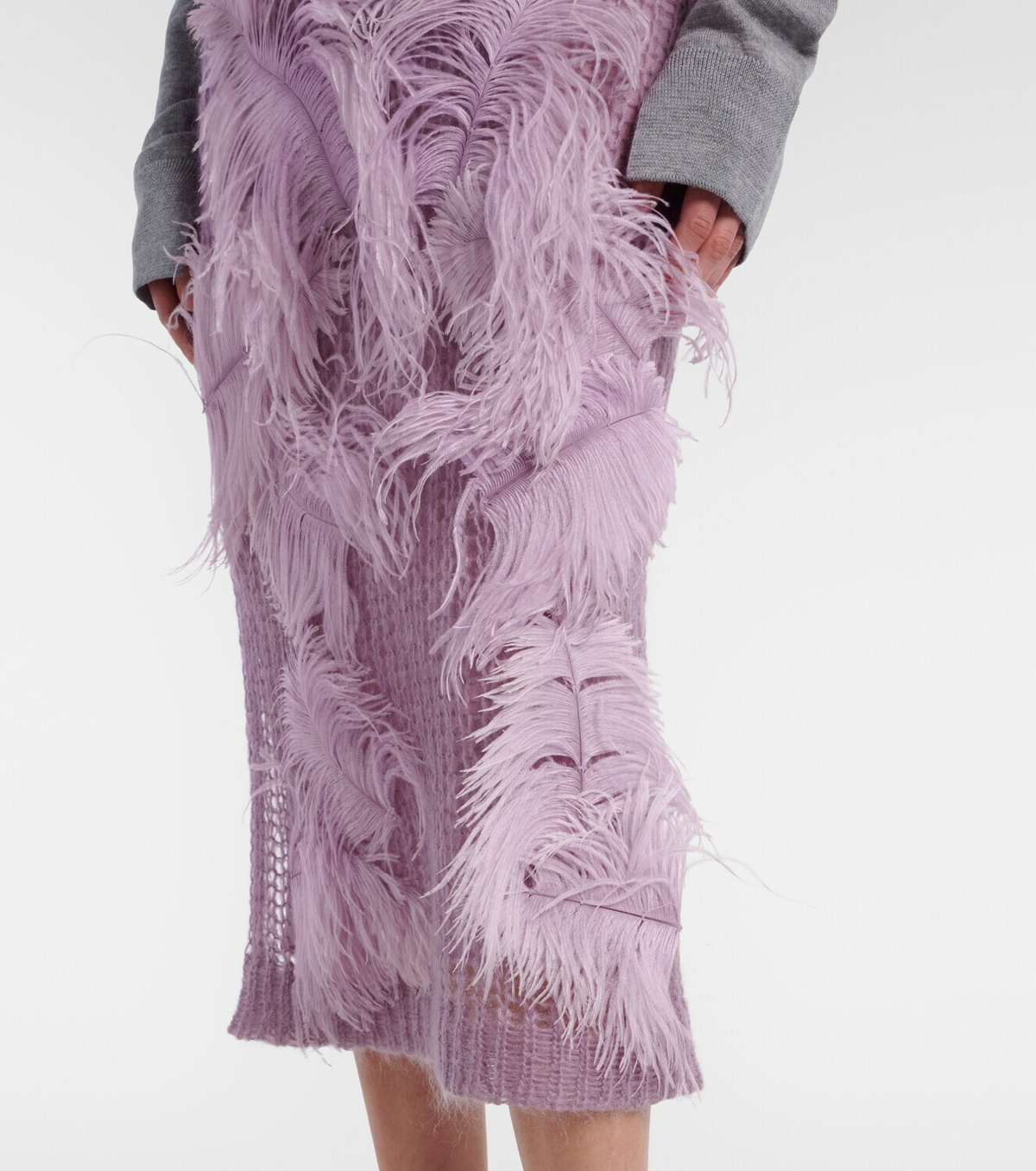 The Attico Feather-trimmed knitted midi skirt