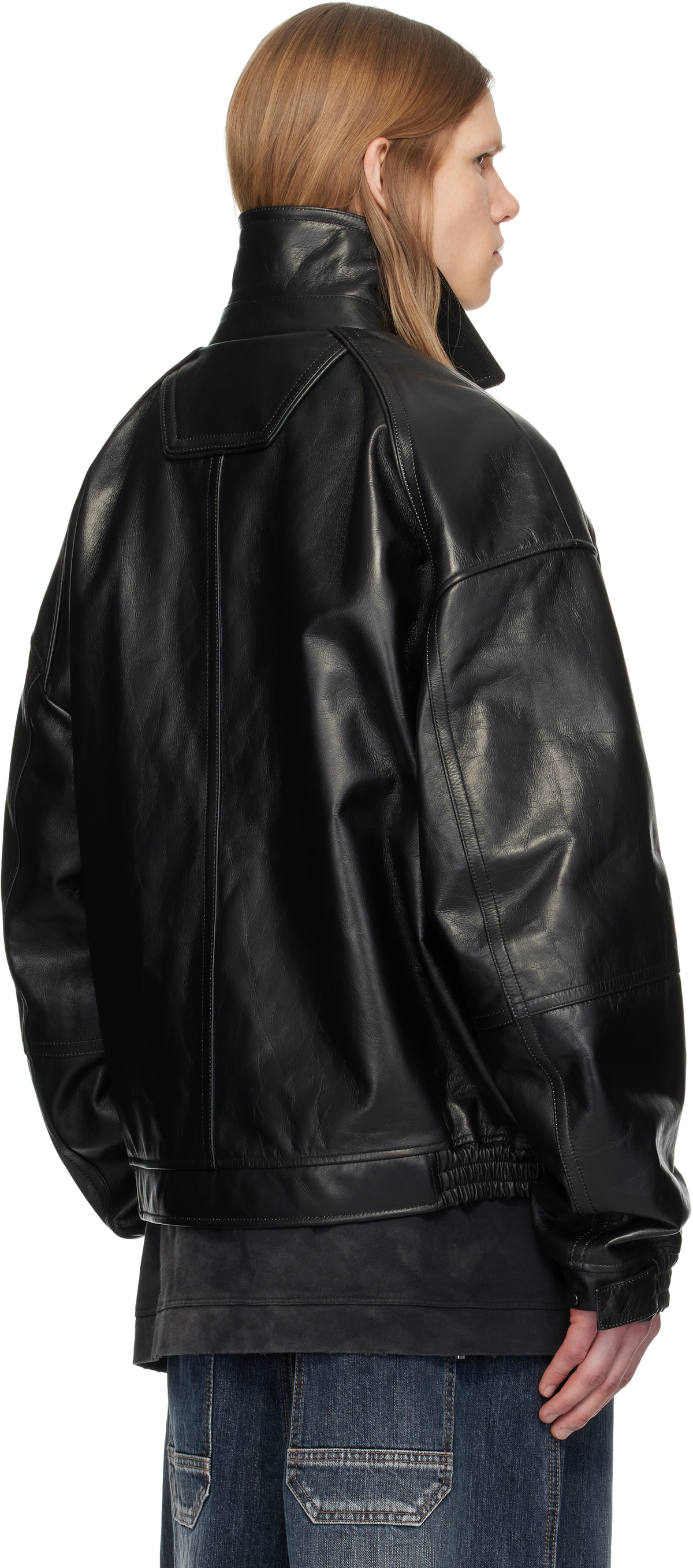 Juun.J Black Stand Collar Leather Aviator Jacket