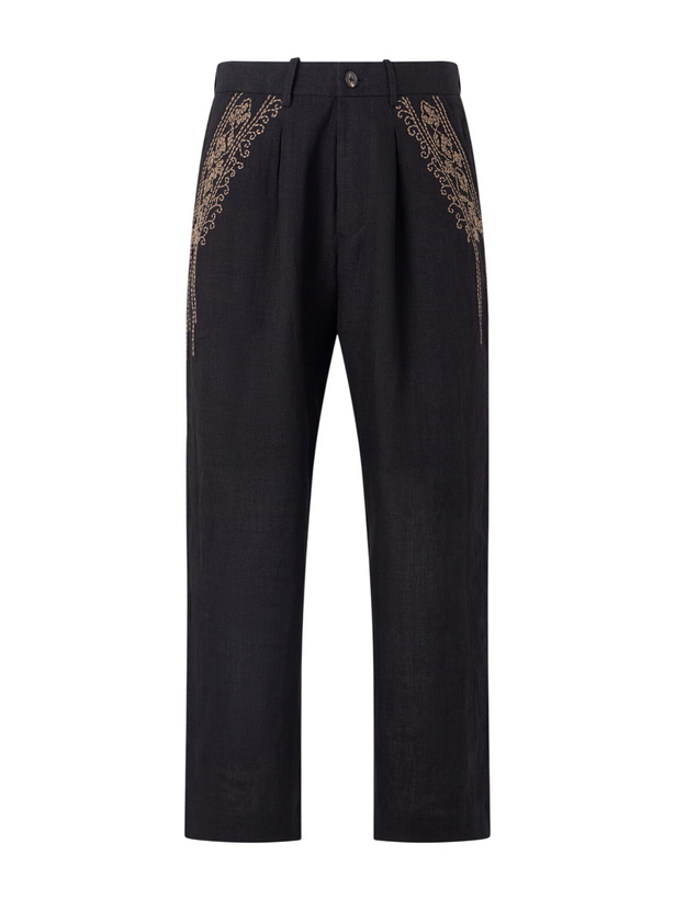 Photo: Kartik Research - Straight-Leg Zardozi Embroidered Pleated Linen Trousers - Black