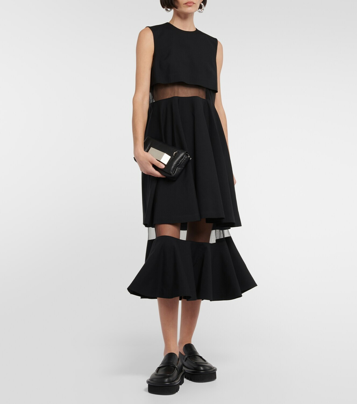 Noir Kei Ninomiya Mesh-trimmed wool midi dress Noir Kei Ninomiya