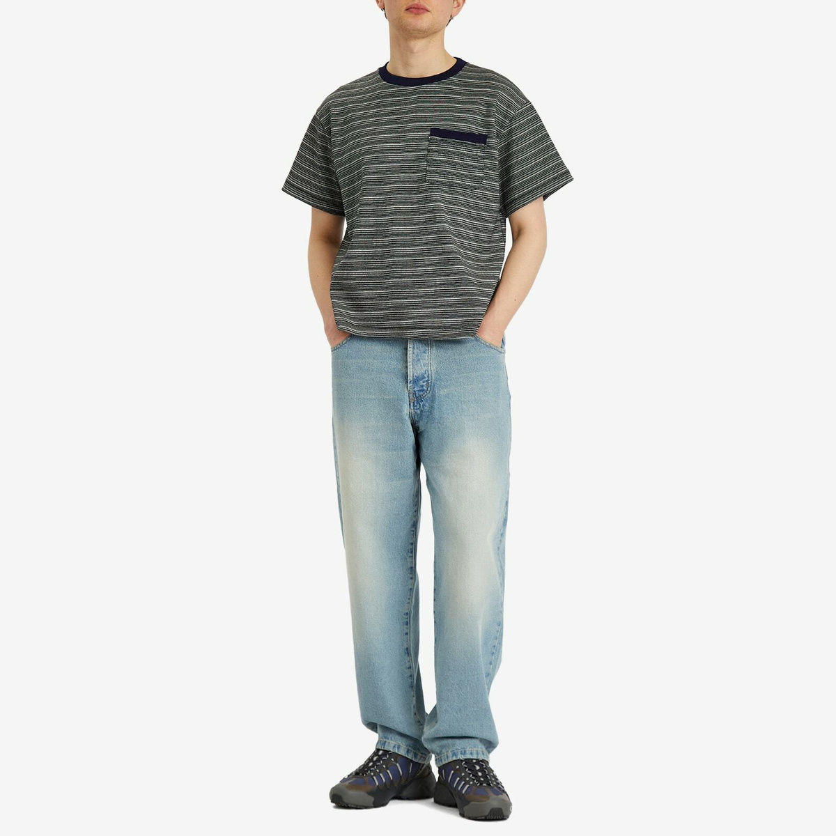 Pop Trading Company Men's Arch Pocket Loose Denim Jeans in Washed Denim