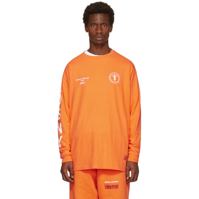 Photo: Heron Preston Orange DSNY Edition Long Sleeve Uniform T-Shirt