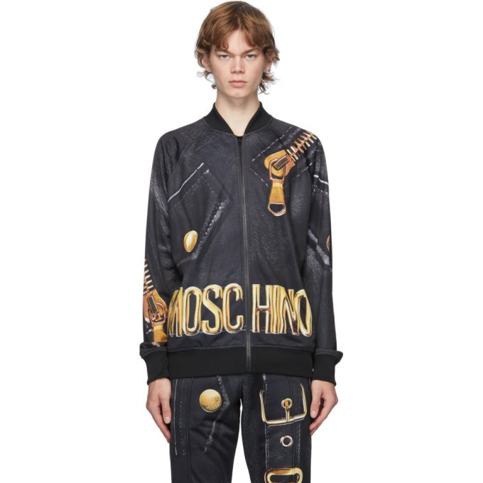 Photo: Moschino Black and Gold Leather Print Bomber Jacket