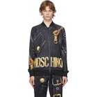 Moschino Black and Gold Leather Print Bomber Jacket