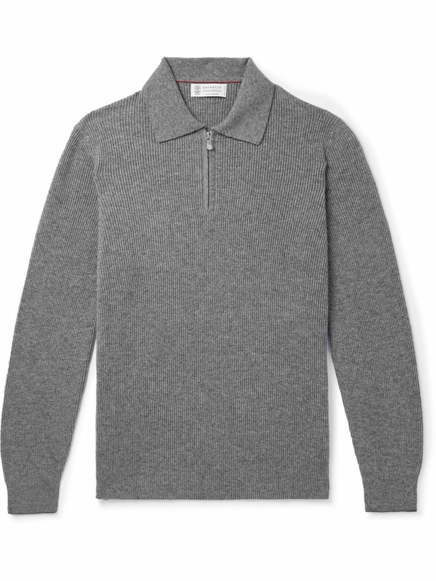 Photo: Brunello Cucinelli - Ribbed Cashmere Half-Zip Sweater - Gray