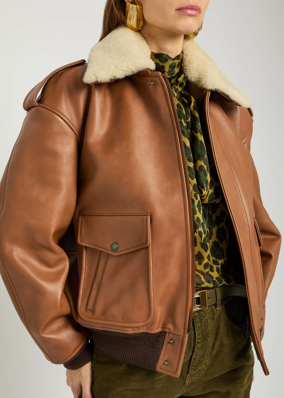 Saint Laurent Detachable-collar Shearling and Leather Jacket Terracotta