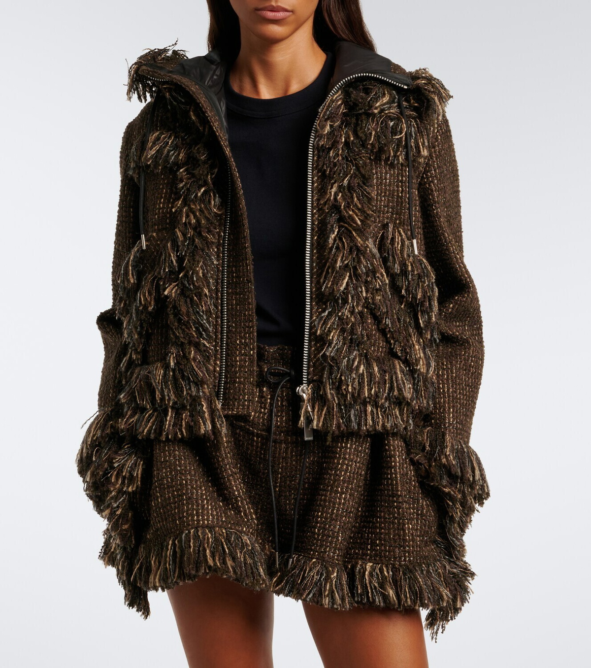 Sacai Fringed wool-blend tweed jacket