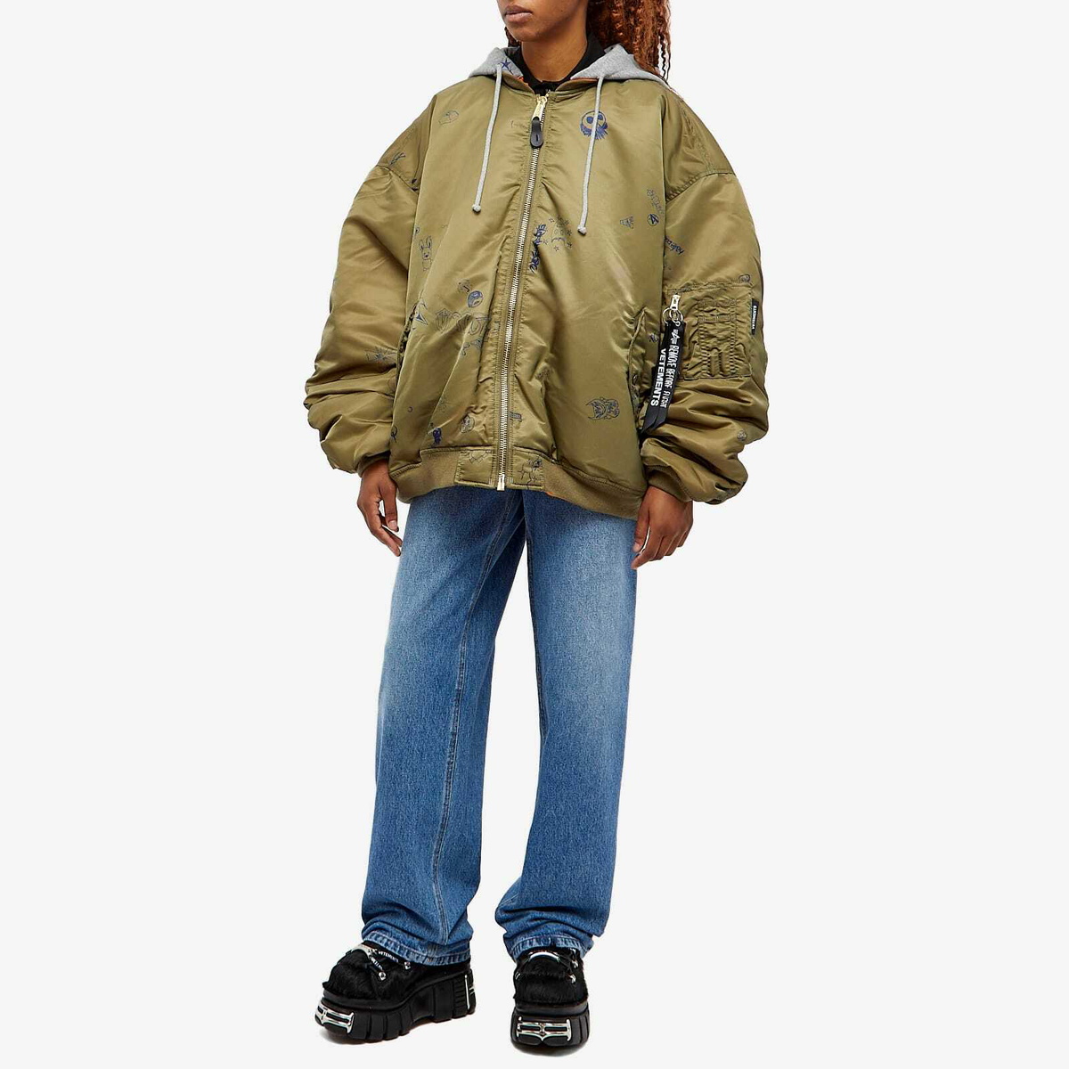 Vetements Women's Scribbled Hooded Bomber Jacket in Green Vetements