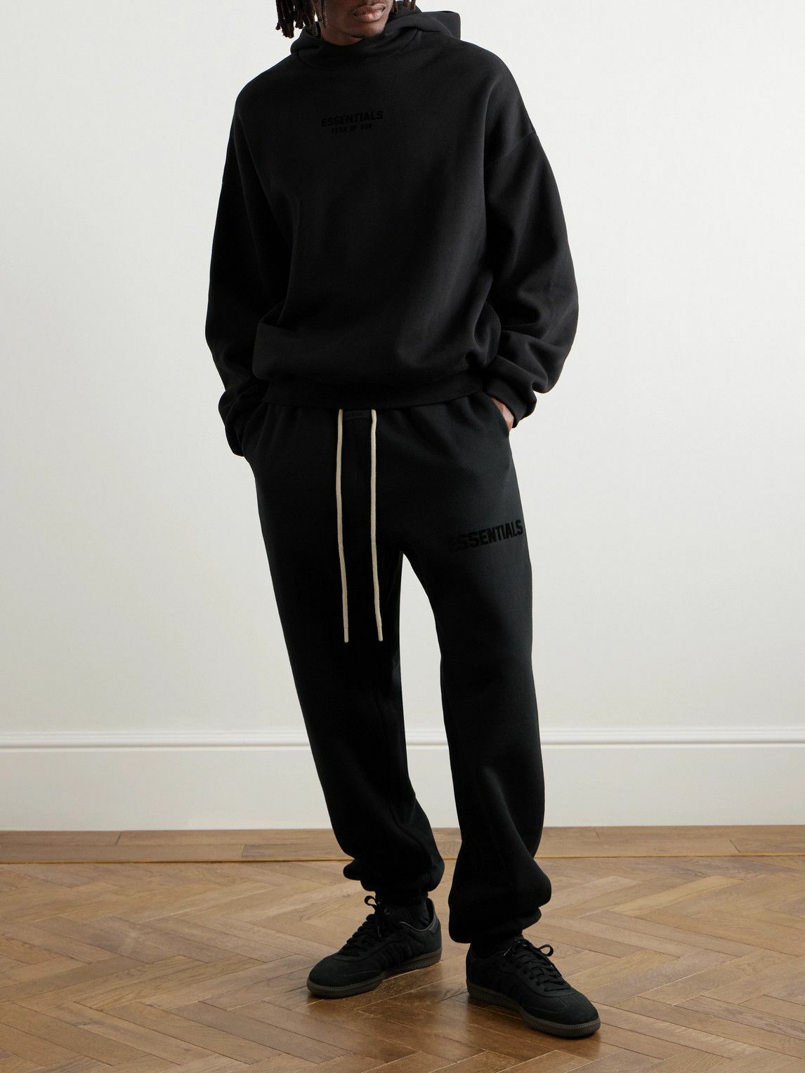 FEAR OF GOD ESSENTIALS Oversized Logo Appliqued Cotton Blend Jersey Hoodie Black Fear Of God Essentials