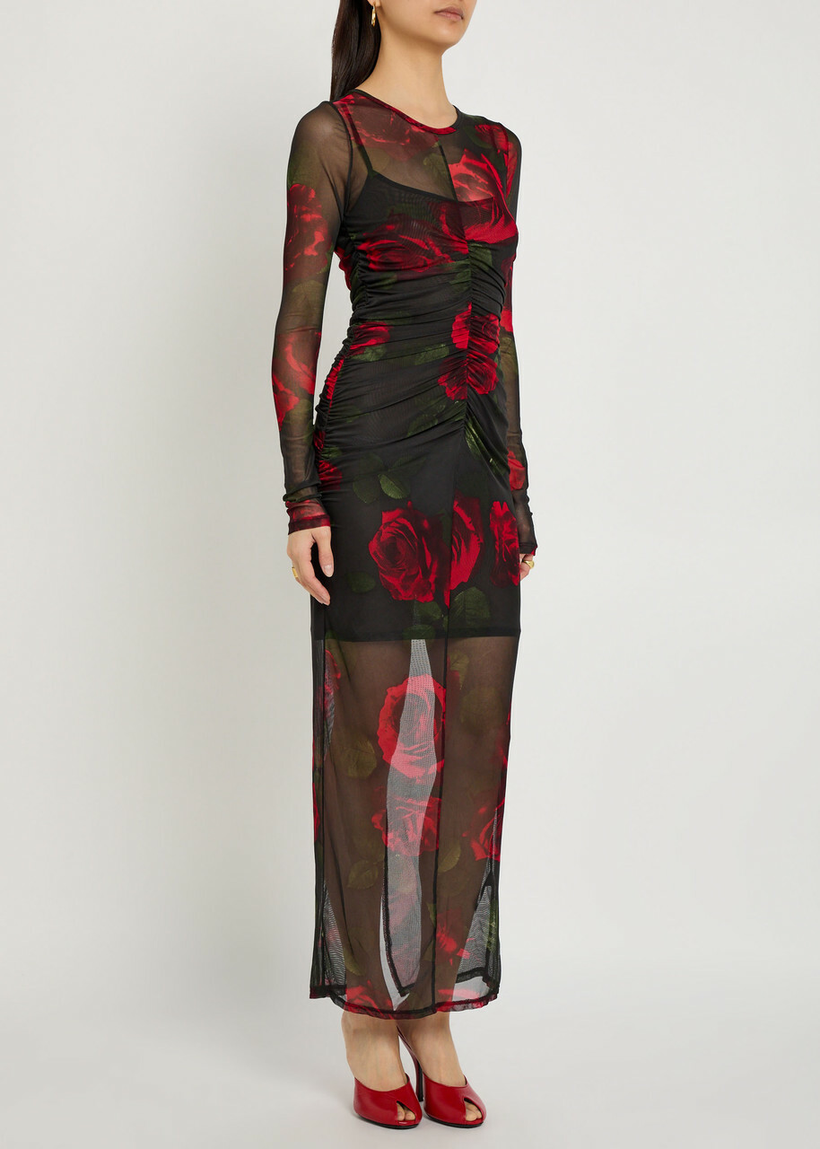 Good American Floral-print Ruched Mesh Maxi Dress Dark Red