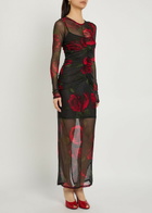 Good American Floral-print Ruched Mesh Maxi Dress Dark Red