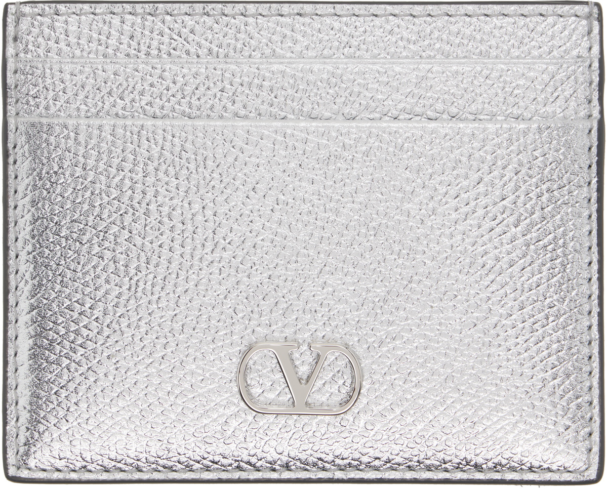 Valentino Garavani Silver VLogo Signature Laminated Grainy Calfskin Card Holder