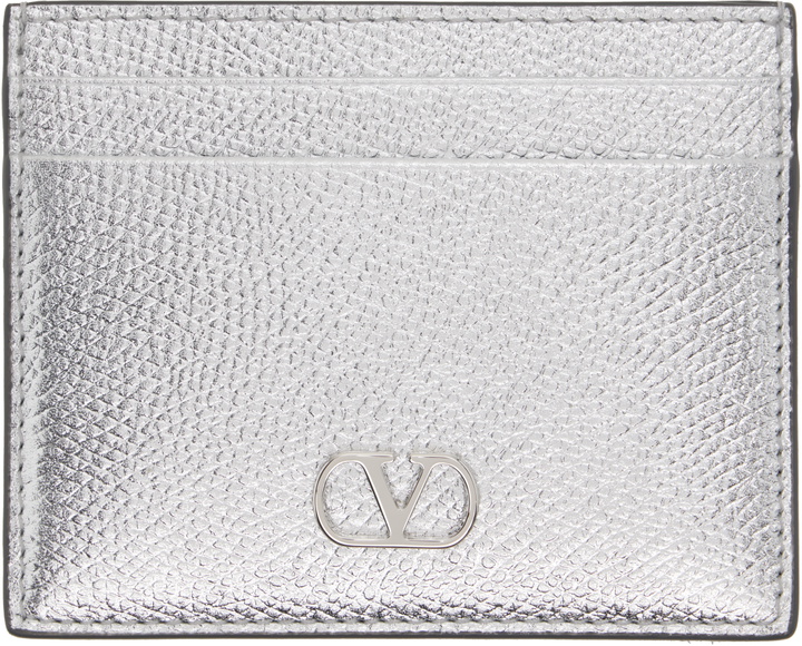 Photo: Valentino Garavani Silver VLogo Signature Laminated Grainy Calfskin Card Holder