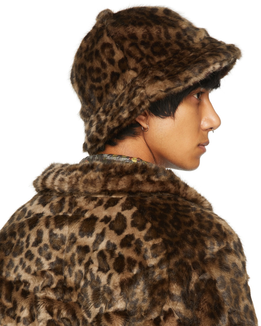 Needles Brown Faux-Fur Leopard Bucket Hat