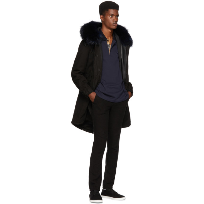 Mr and Mrs Italy Black and Blue Fur Long Quilt Parka
