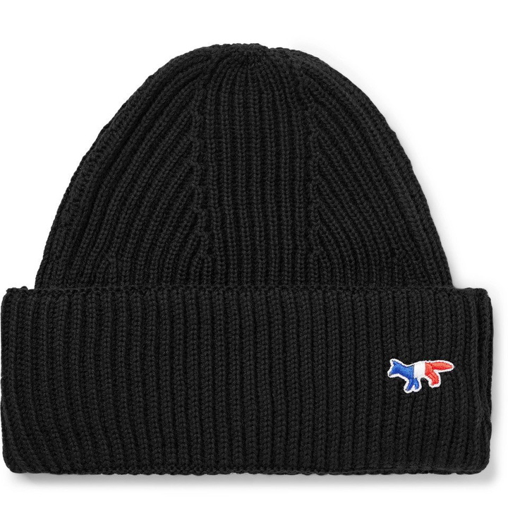 Photo: Maison Kitsuné - Logo-Appliquéd Ribbed Wool Beanie - Black