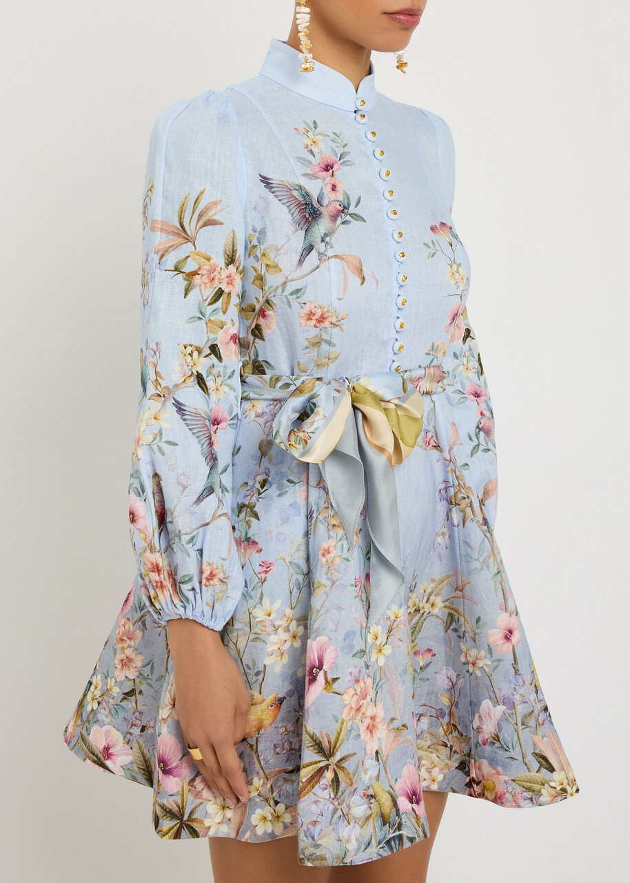 Zimmermann Rebellion Floral Belted Linen Mini Dress Blue