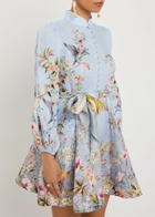 Zimmermann Rebellion Floral Belted Linen Mini Dress Blue
