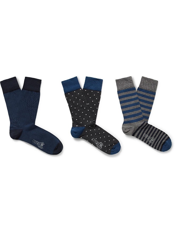 Photo: Kingsman - Three-Pack Cotton-Blend Socks - Blue