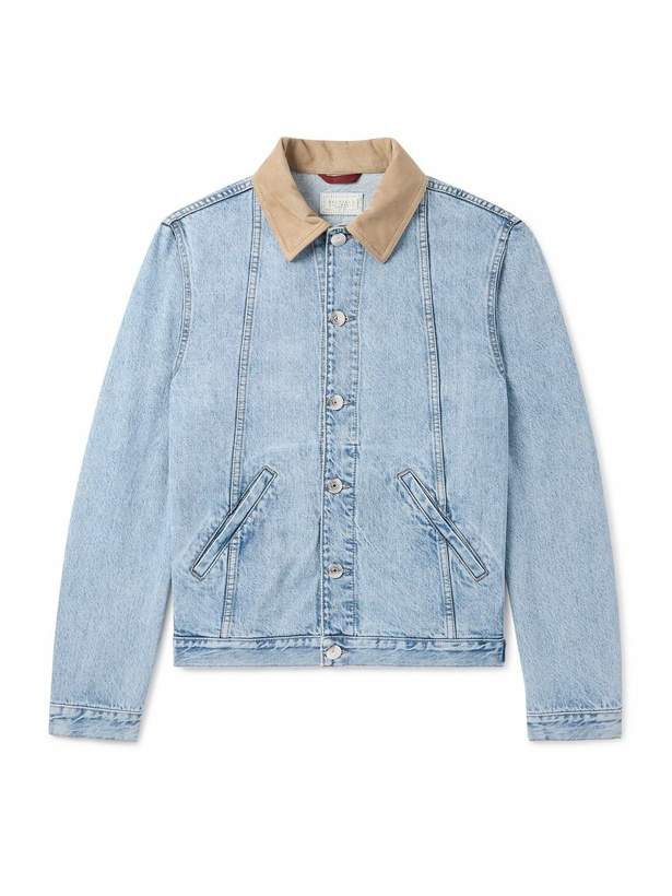 Photo: Brunello Cucinelli - Slim-Fit Suede-Trimmed Denim Jacket - Blue