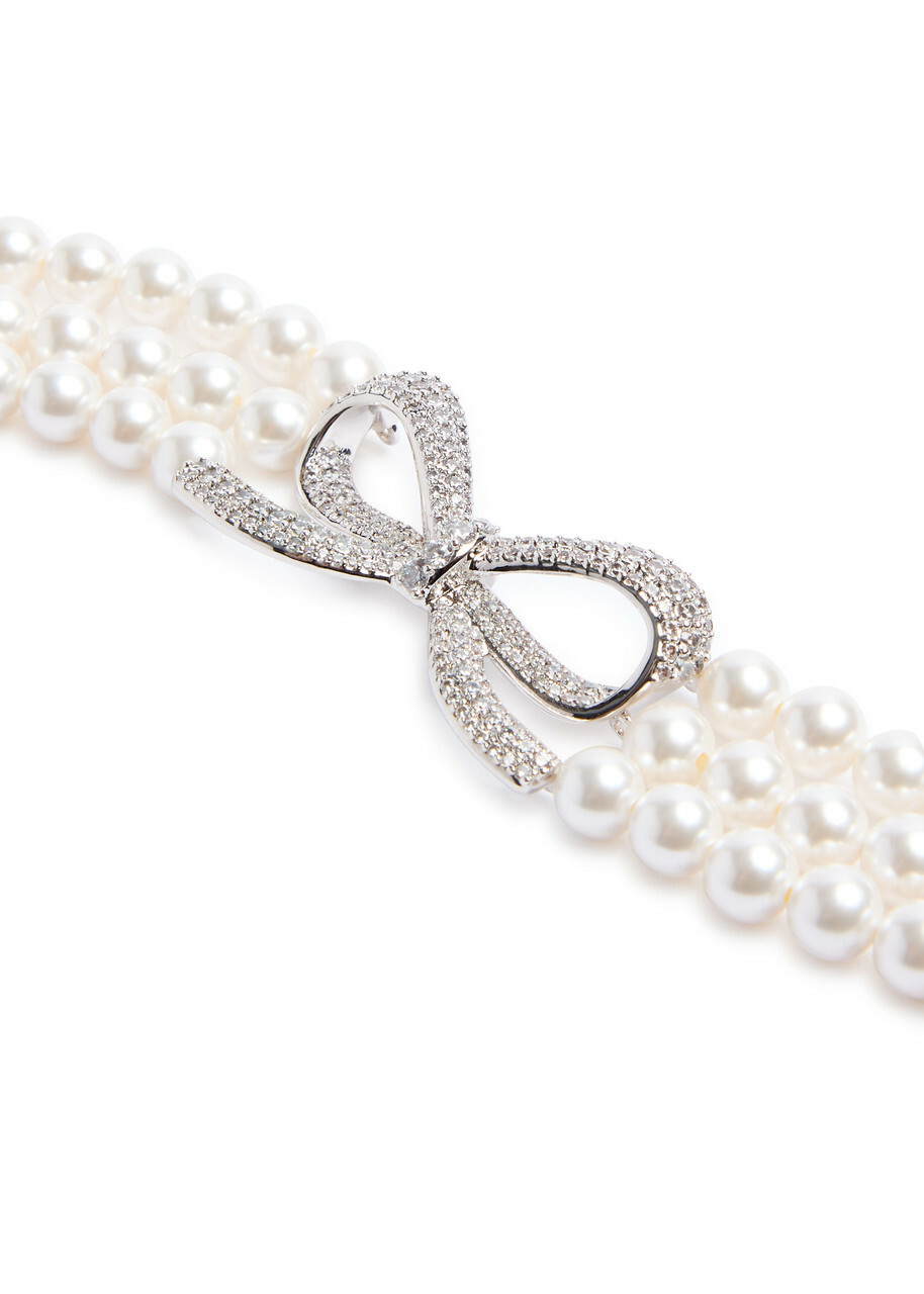 Self-portrait Faux-pearl and bow Choker - Silver - One Size