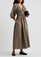 Matteau Smocked Cotton Midi Dress Khaki