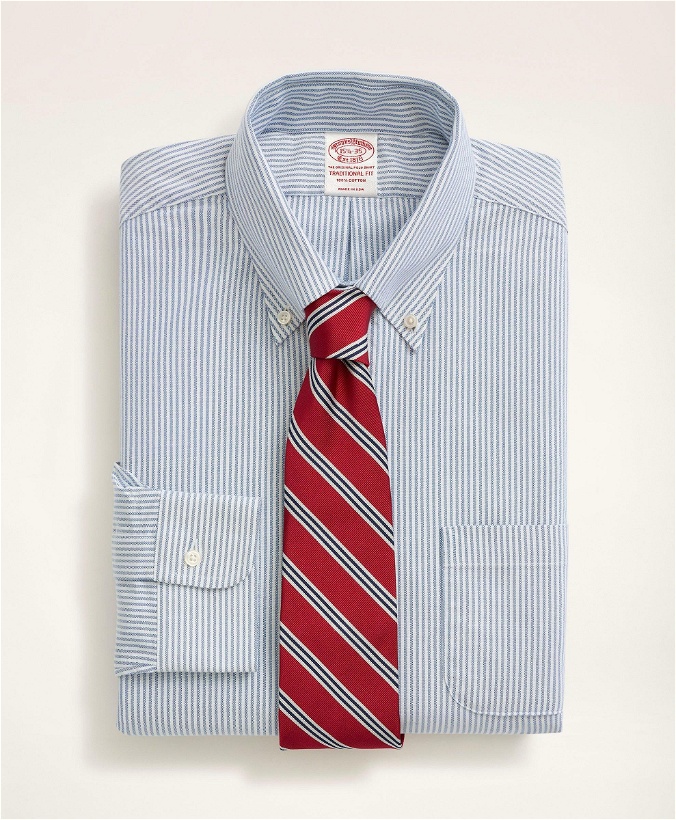 Photo: Brooks Brothers Men's Traditional Fit American-Made Oxford Cloth Button-Down Stripe Dress Shirt | Blue