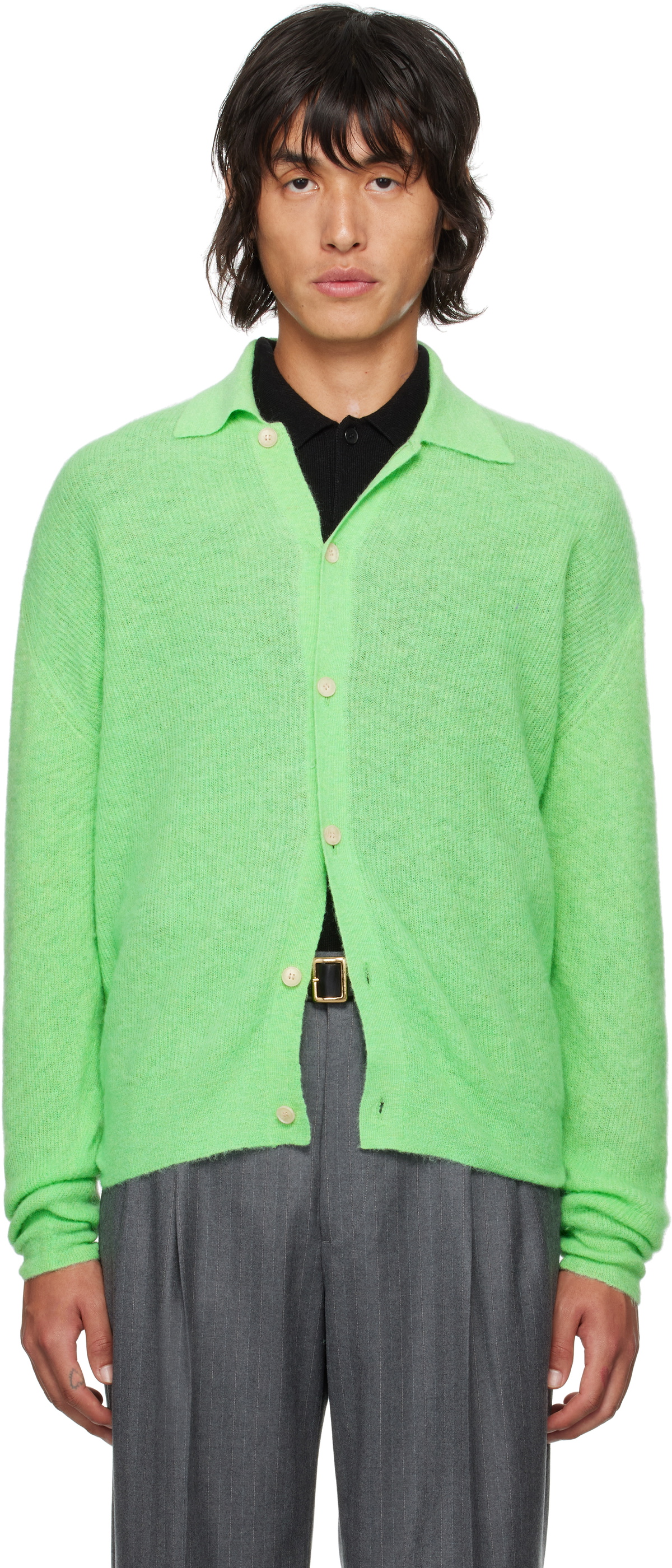 トップス AURALEE BABY SURI ALPACA SHEER CARDIGAN AURALEE Green Baby Suri Alpaca Cardigan Auralee