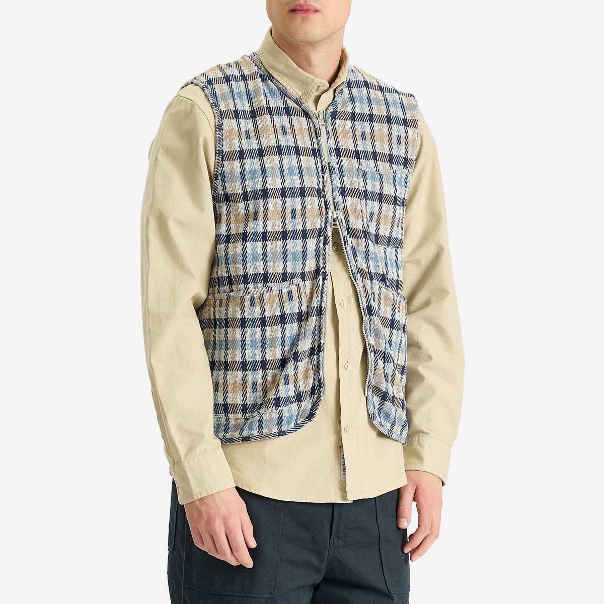 Universal Works Men's Summer Check Zip Gilet in Brown/Blue