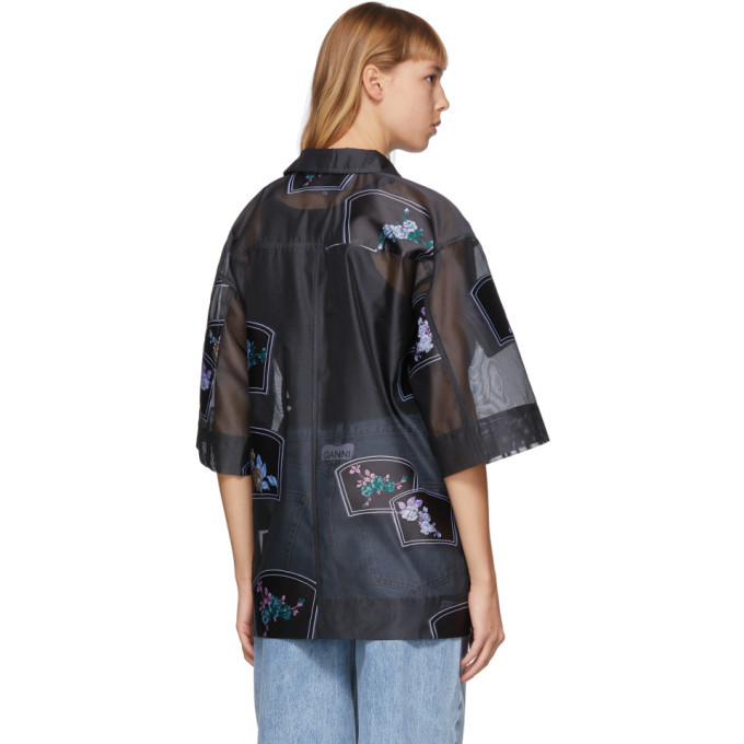 GANNI Black Organza Oversized Patch Shirt