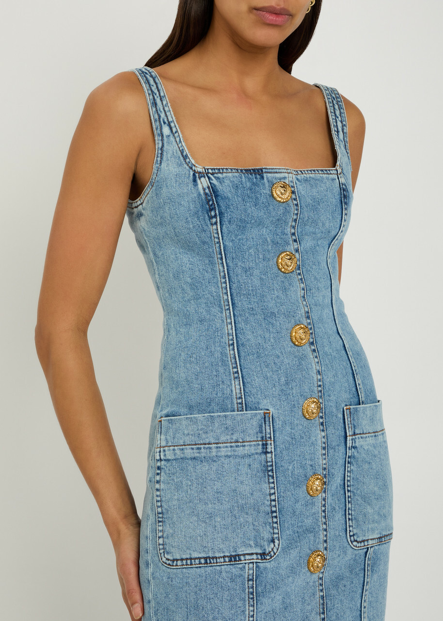 Balmain Button-embellished Stretch-denim Mini Dress Light Blue