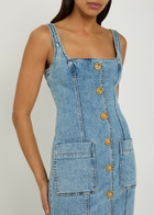 Balmain Button-embellished Stretch-denim Mini Dress Light Blue