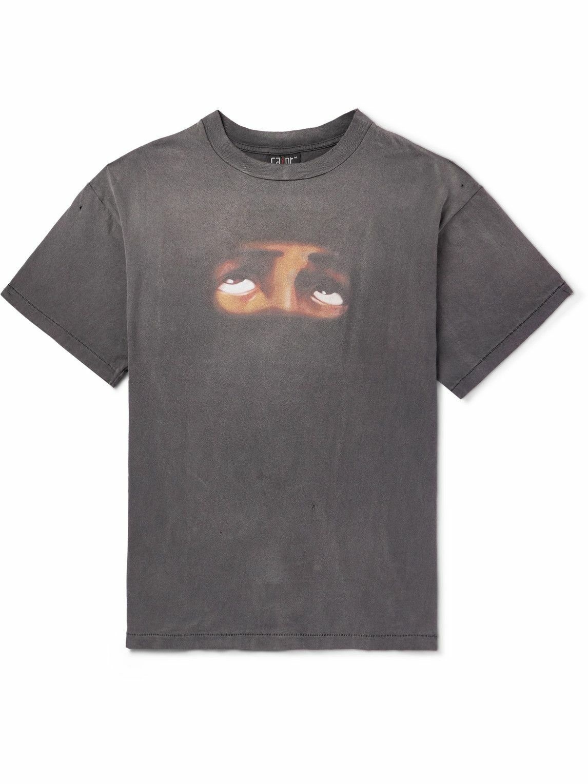 Photo: SAINT Mxxxxxx - Distressed Printed Cotton-Jersey T-Shirt - Black