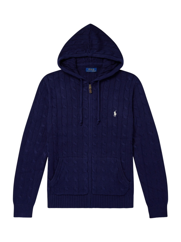 Photo: Polo Ralph Lauren - Logo-Embroidered Cable-Knit Cotton Zip-Up Hoodie - Blue