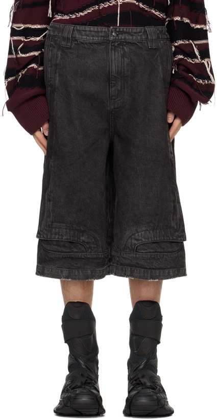 Photo: NAMESAKE Black Sean Distressed Stain Denim Shorts