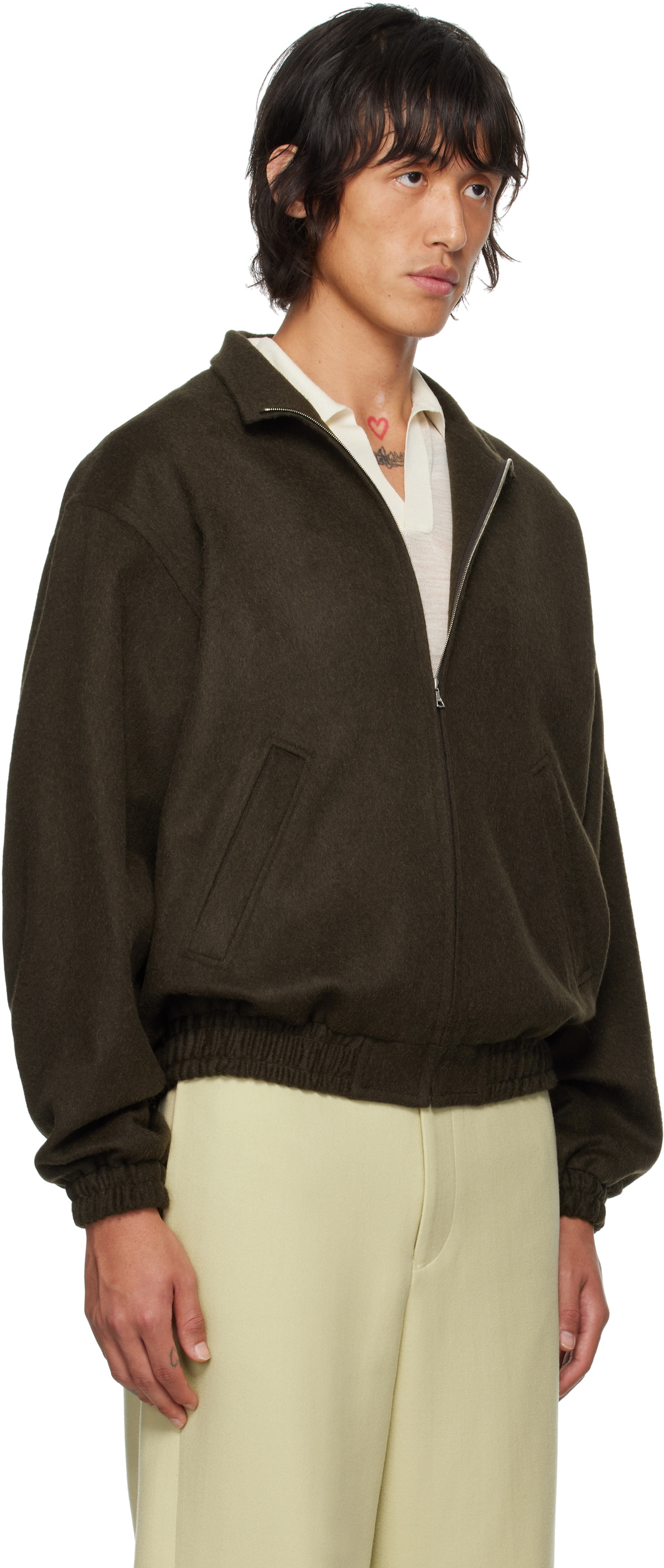 AURALEE Brown Baby Camel Flannel Bomber Jacket Auralee