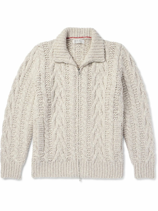 Photo: Brunello Cucinelli - Cable-Knit Wool and Cashmere-Blend Zip-Up Cardigan - Gray