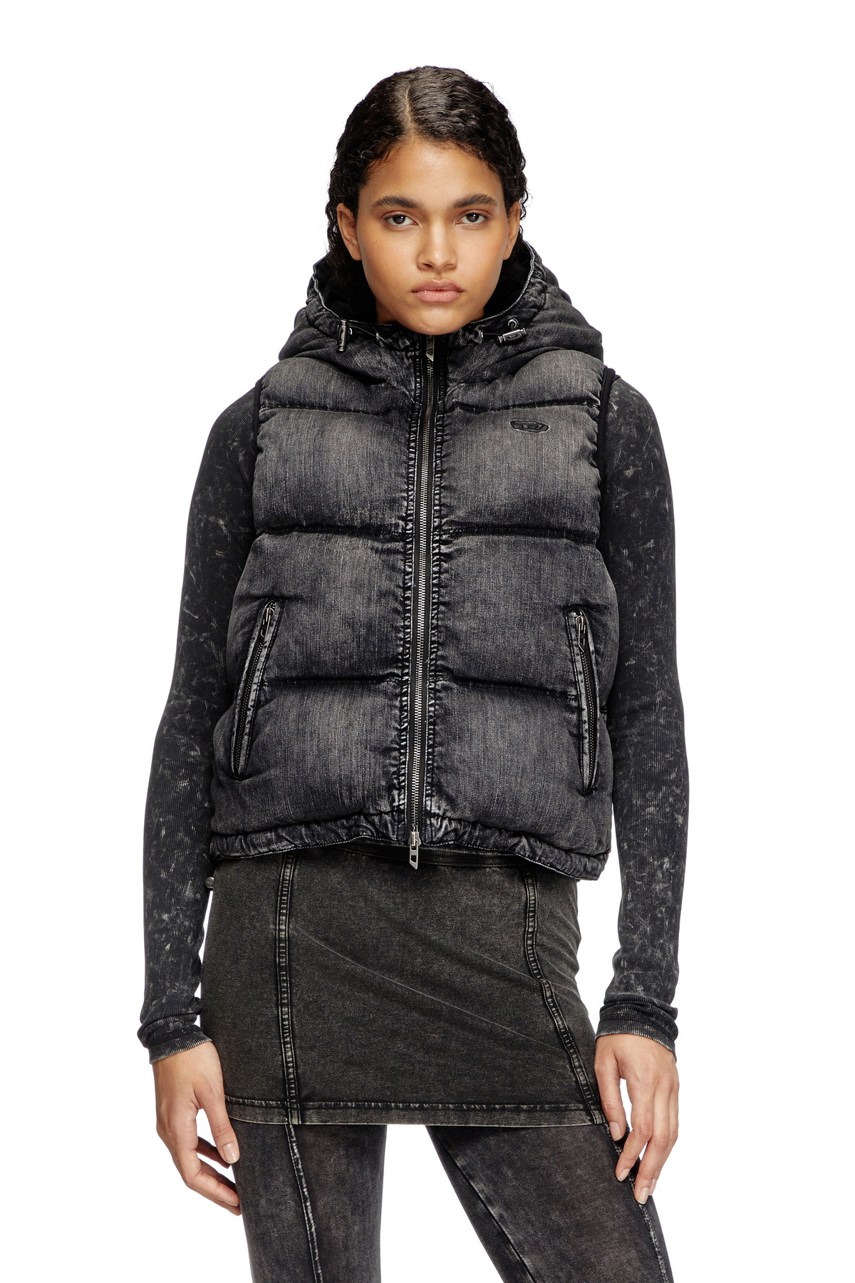 ジャケット・アウター DIESEL black hooded puffer down vest Diesel Hooded puffer vest in faded denim - Winter Jackets