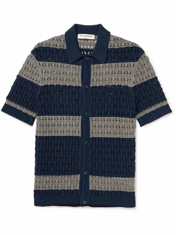 Photo: Orlebar Brown - Fabien Striped Crocheted Cotton and Linen-Blend Shirt - Blue