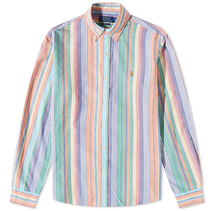 Photo: Polo Ralph Lauren Men's Funmix Stripe Button Down Shirt in Orange/Green Multi